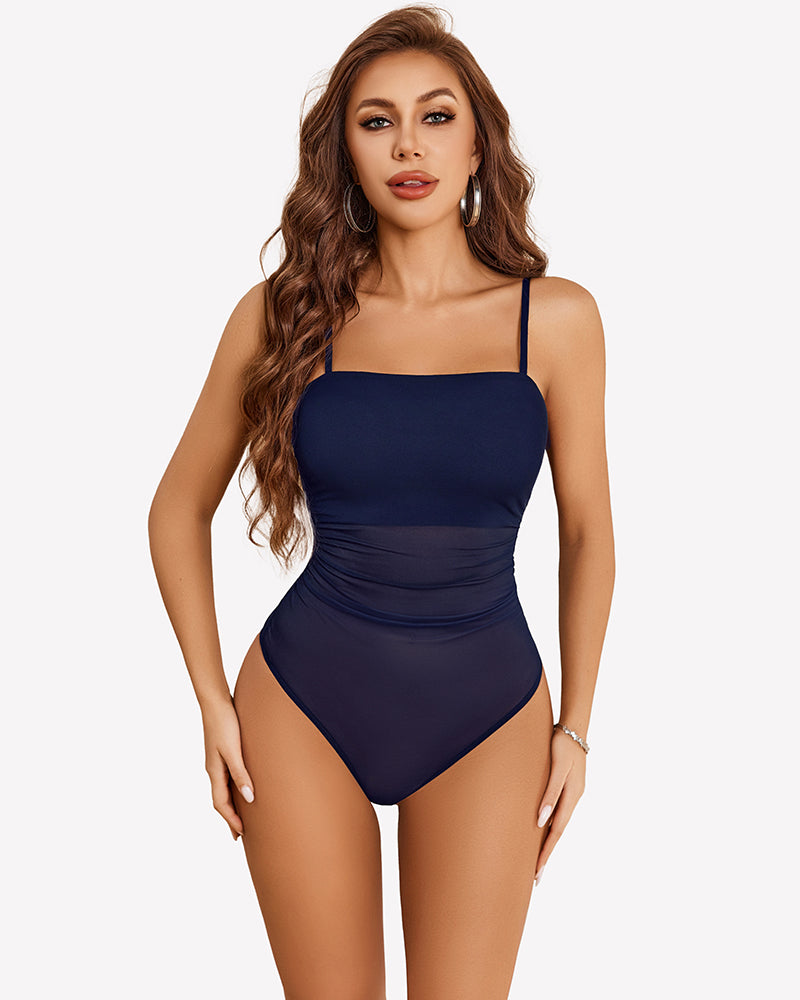 Square-neck tank bodysuit in navy with thin spaghetti straps and ruched sheer front