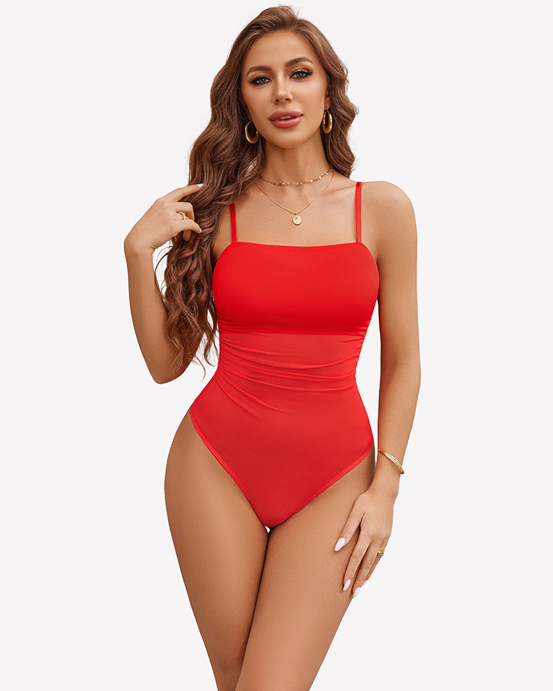 Square-neck tank bodysuit in red with thin spaghetti straps and ruched sheer front
