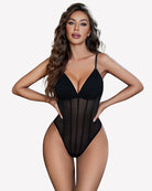 Black mesh bustier bodysuit with underwire cups, triangle neckline, and thin straps