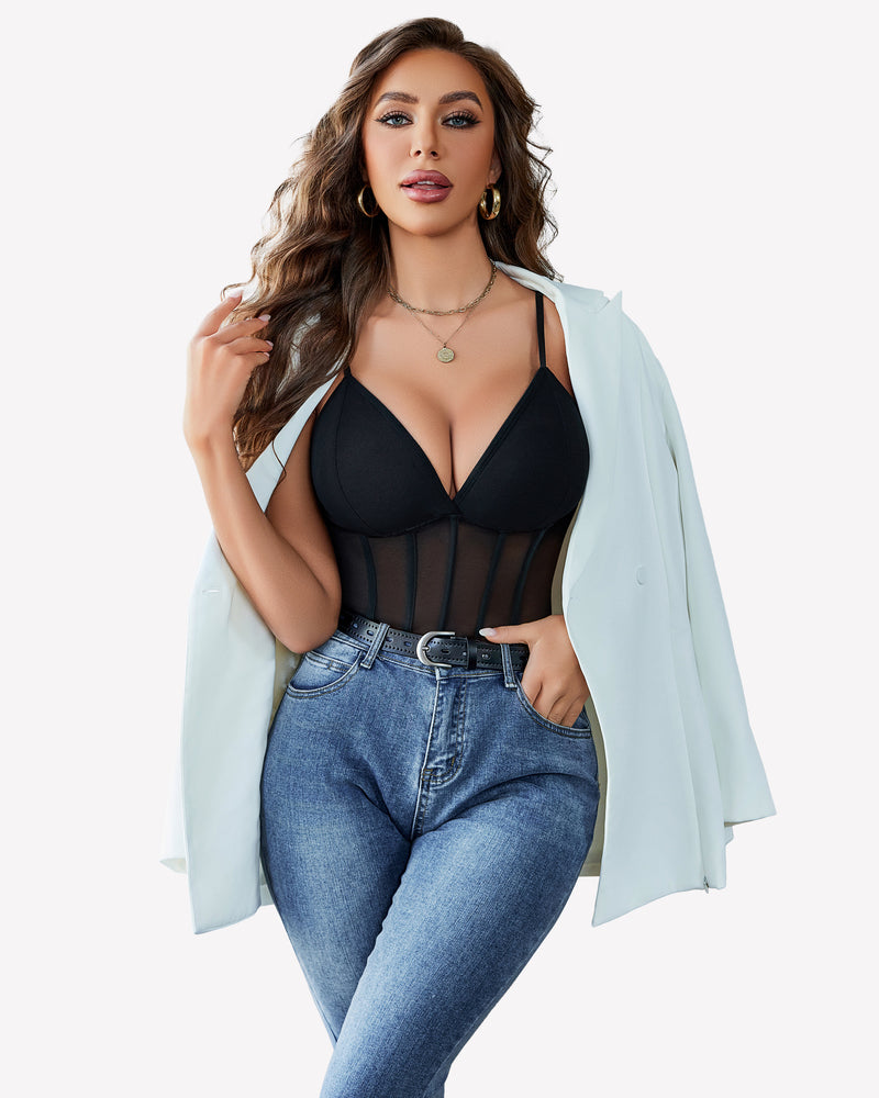 Black mesh bustier bodysuit with underwire cups and vertical sheer paneling