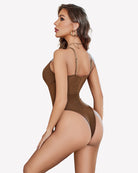 Brown mesh bustier bodysuit from the back with thin straps and sheer waist panel
