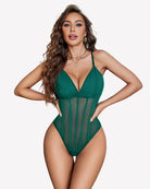 Green mesh bustier bodysuit with underwire cups, triangle neckline, and vertical sheer panels