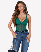 Green mesh bustier bodysuit front view with underwire cups and vertical sheer paneling