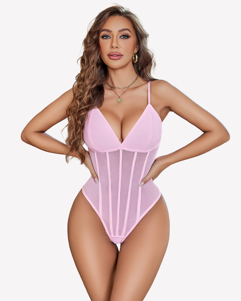 Pink mesh bustier bodysuit with underwire cups, deep V neckline, and sheer vertical panels