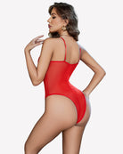 Red mesh bustier cami bodysuit, back view with thin shoulder straps
