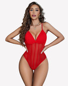 Red mesh bustier cami bodysuit with plunging V-neck and sheer midsection
