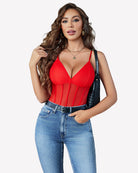 Red mesh bustier cami bodysuit with V-cut bust and structured panels