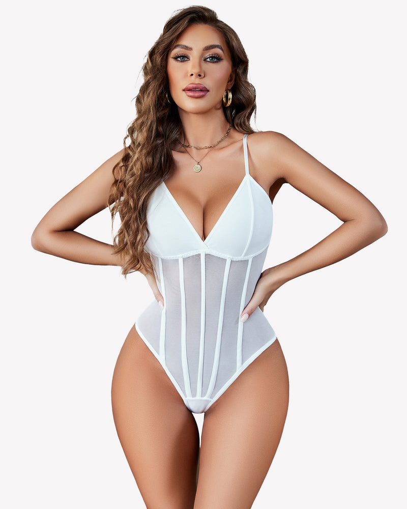White mesh bustier cami bodysuit with plunging V-neck and vertical sheer panels