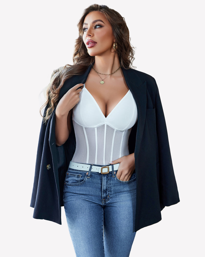 White mesh bustier cami bodysuit with underwire cups and sheer vertical sections
