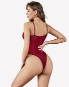 Burgundy mesh bustier cami bodysuit, back view with thin shoulder straps