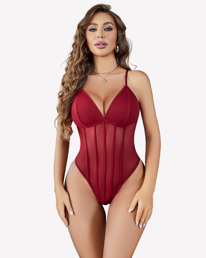 Burgundy mesh bustier cami bodysuit with plunging V-neck and sheer front panels