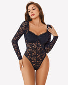 Black lace long-sleeve bodysuit with scalloped neckline and thong-cut bottom