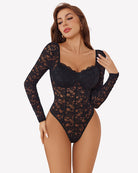 Black lace long-sleeve bodysuit with sweetheart neckline and lace corset front