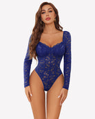 Navy lace long-sleeve bodysuit with scalloped sweetheart neckline and vertical front panel