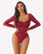 Red long-sleeve lace bodysuit with sweetheart neckline and underwire cups