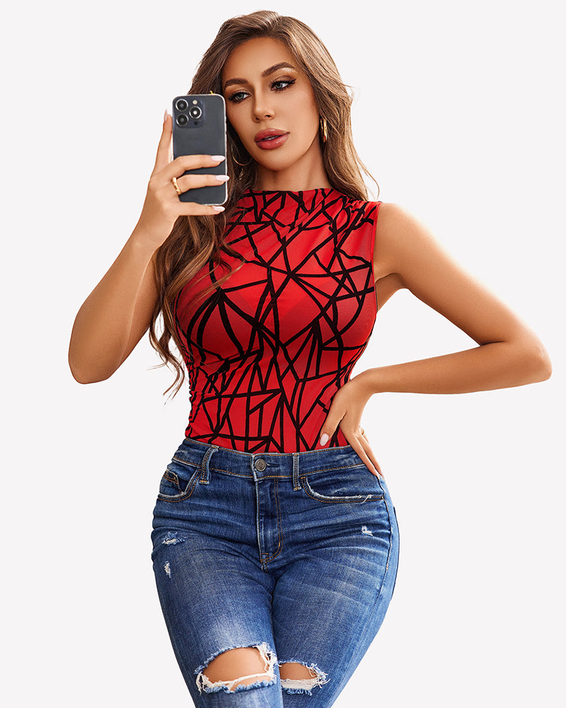 Sheer mesh sleeveless bodysuit, red geometric pattern