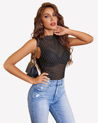 Sheer mesh sleeveless bodysuit, dark geometric pattern
