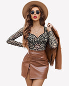 Long sleeve mesh bodysuit with brown leopard pattern, deep V neckline and long sleeves