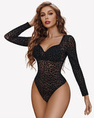 Long sleeve mesh bodysuit with black leopard pattern, long sleeves and deep V neckline