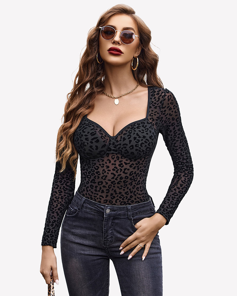 Long sleeve leopard mesh bodysuit in dark black, V-neck with leopard print.