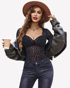 Long sleeve leopard mesh bodysuit in dark black, V-neck with leopard print.