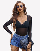 Long sleeve sheer mesh bodysuit in dark black, V-neck and long sleeves.