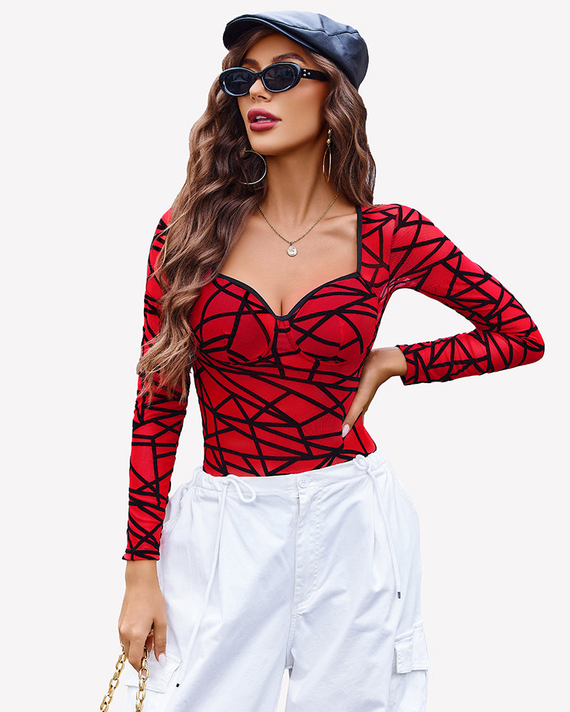 Long sleeve mesh bodysuit in red geometric pattern with deep V neckline and long sleeves