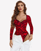 Long sleeve mesh bodysuit in red with abstract geometric pattern, deep V neckline