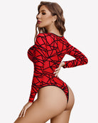 Long sleeve mesh bodysuit in red geometric pattern with scoop back and long sleeves