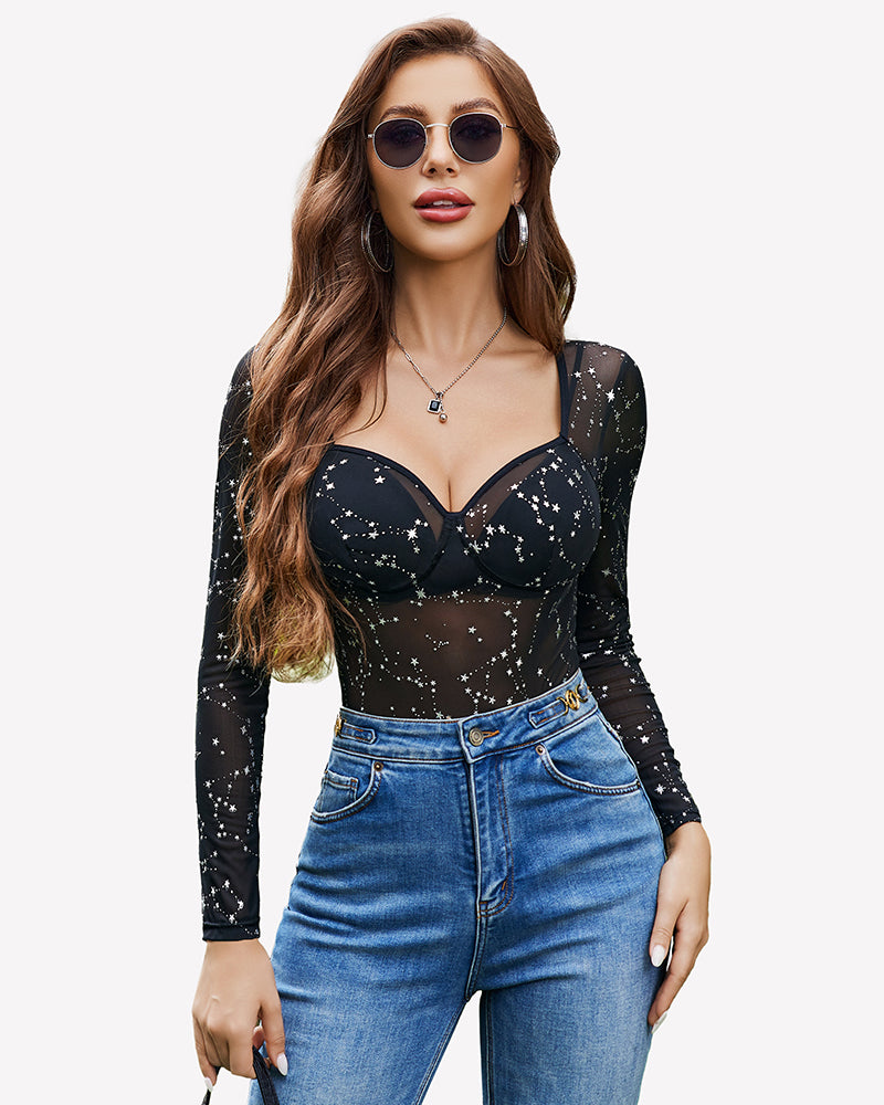 Black sheer mesh long-sleeve bodysuit with speckled dots and bra-style cups