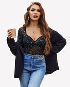 Black speckled sheer mesh long-sleeve bodysuit with bra-style V-neck