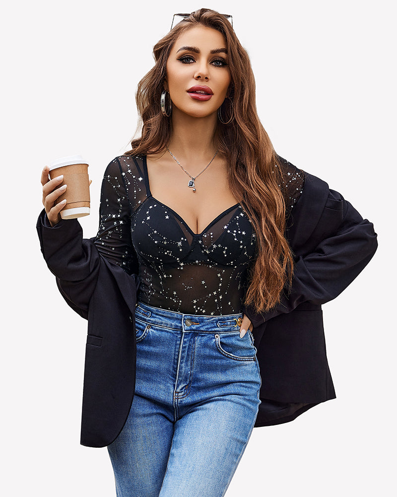 Black speckled sheer mesh long-sleeve bodysuit with bra-style V-neck