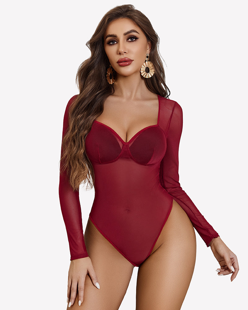 Wine red long-sleeve bodysuit with bust cups and sheer mesh sleeves