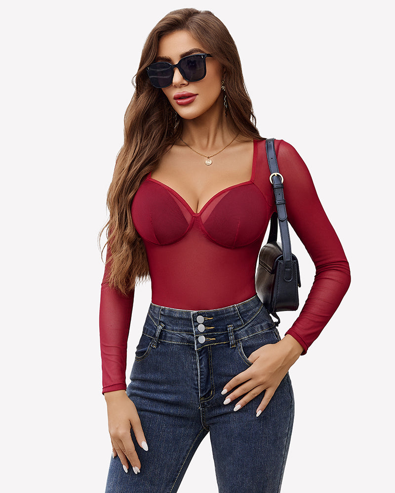 Wine red sheer mesh long-sleeve bodysuit with underwire cups