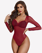 Wine red sheer mesh long-sleeve bodysuit with deep V neckline