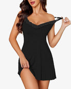 Lace deep V babydoll teddy in black with lace-trim bust and thin spaghetti straps