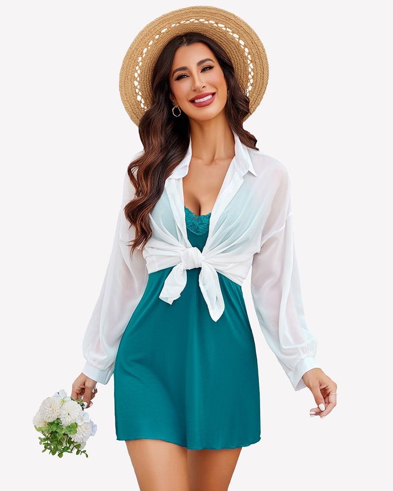 Lace deep V teddy babydoll in teal with lace V neckline and thin straps, layered look