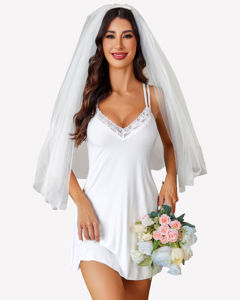 Lace deep V babydoll teddy in white with lace-trim neckline and spaghetti straps
