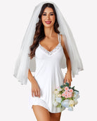 Lace deep V babydoll teddy in white with lace-trim neckline and spaghetti straps