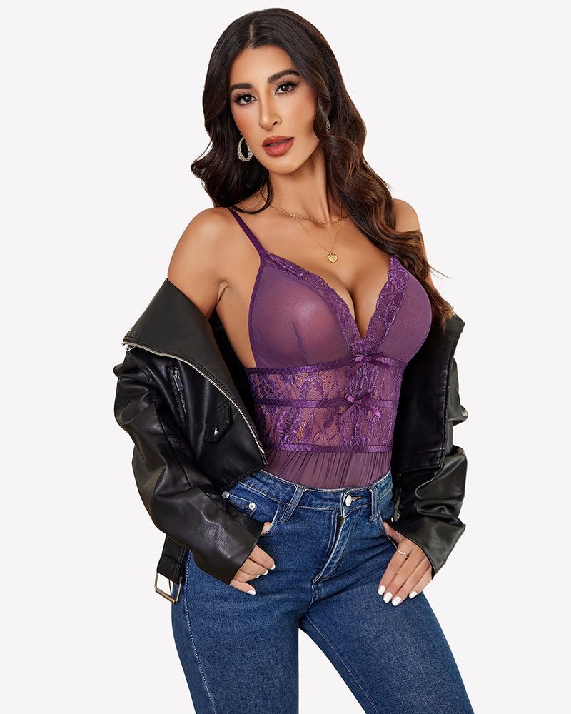 Purple lace mesh V-neck sleep bodysuit with scalloped cups and sheer bodice