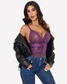 Purple lace mesh V-neck sleep bodysuit with scalloped cups and sheer bodice