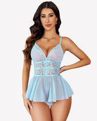 Light blue lace V-neck mesh sleepwear bodysuit with ruffle peplum skirt and lace trim