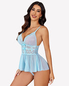 Light blue lace V-neck mesh sleepwear bodysuit with crisscross lace waist and ruffle hem