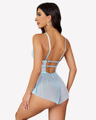 Light blue lace mesh sleepwear bodysuit with open crisscross back straps and ruffle peplum