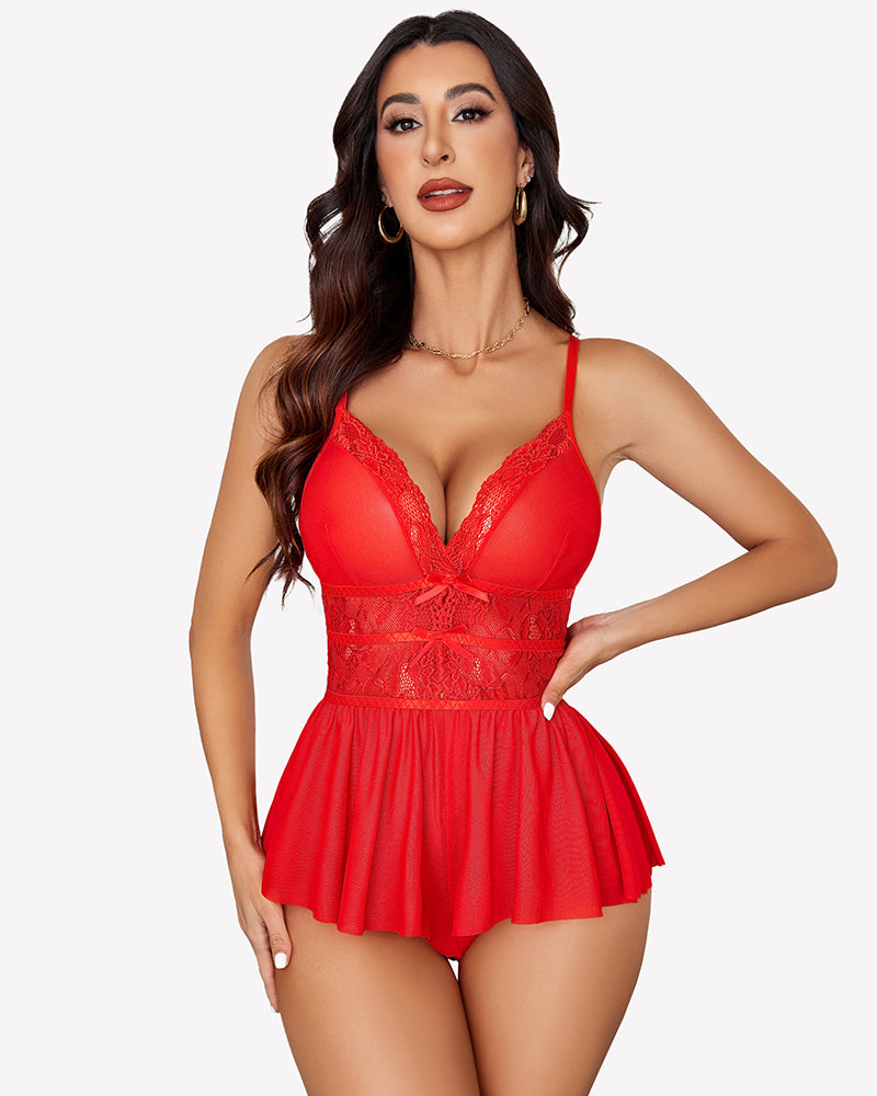 Red lace V-neck mesh sleepwear bodysuit with ruffle peplum hem and scalloped lace trim