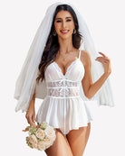 White lace V-neck mesh sleepwear bodysuit with ruffle peplum hem and lace overlay