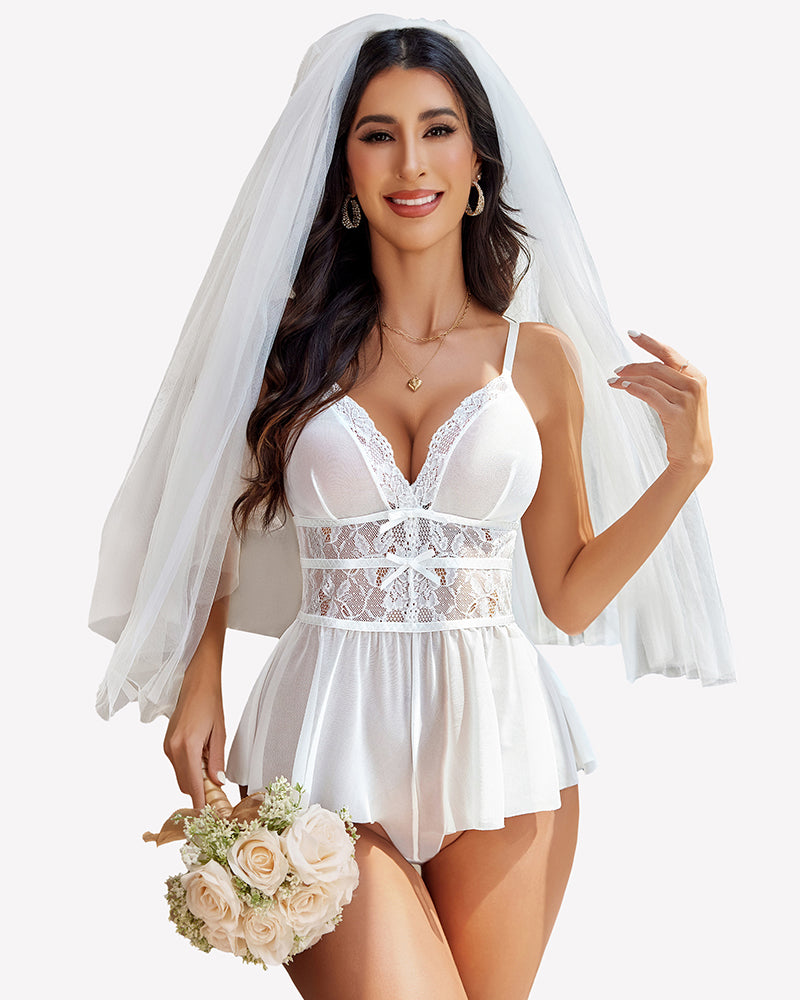White lace V-neck mesh sleepwear bodysuit with ruffle peplum hem and lace overlay