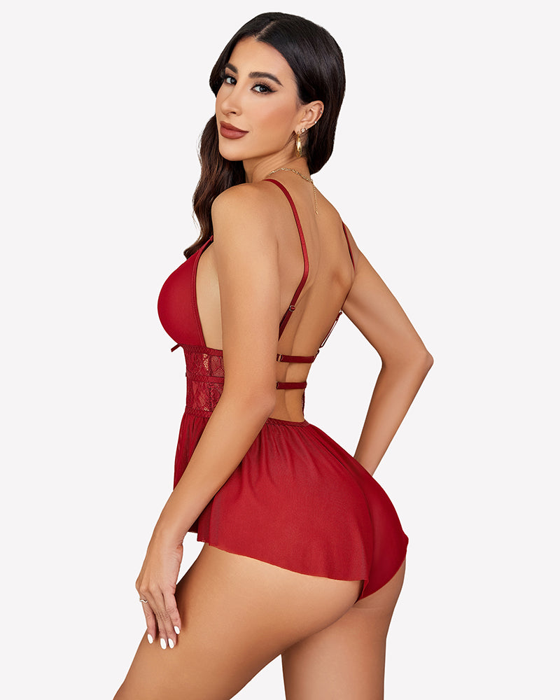 Red lace V-neck mesh bodysuit with thin straps and back cutout