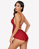 Red lace V-neck mesh bodysuit with thin straps and back cutout