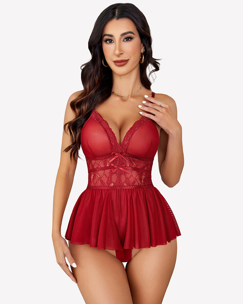 Deep red lace V-neck mesh sleepwear bodysuit with ruffle peplum hem and lace cups